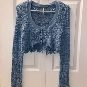 Free People Blue Textured Cropped Sweater, Size Small
